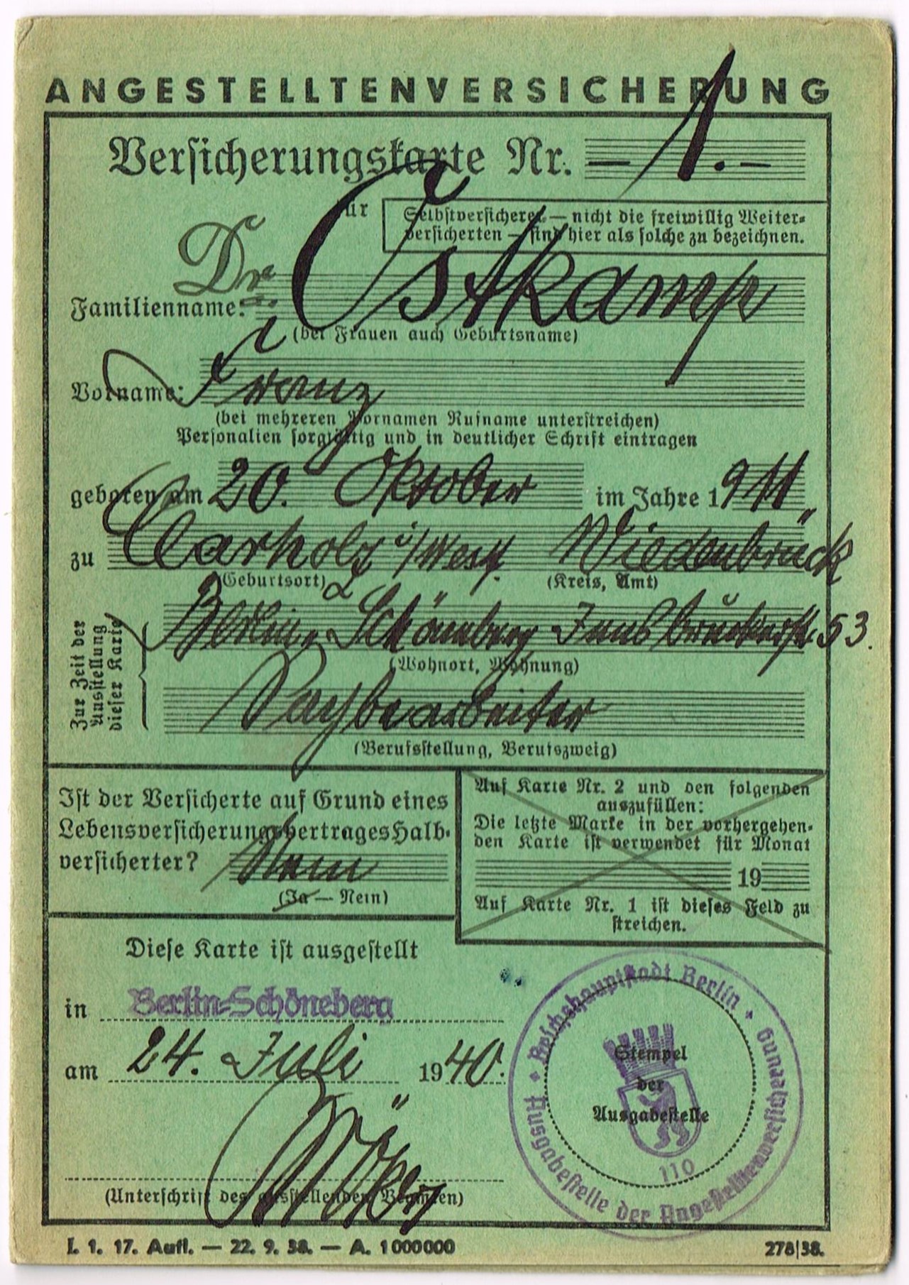 Photo Angestelltenversicherung - Versicherungskarte Nr. 1 - Dr. Ostkamp